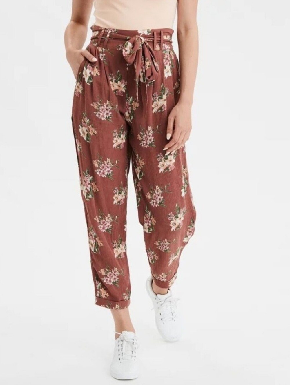 American Eagle High-Waisted Tie Front Floral Print Paperbag Tapered Pant Size S